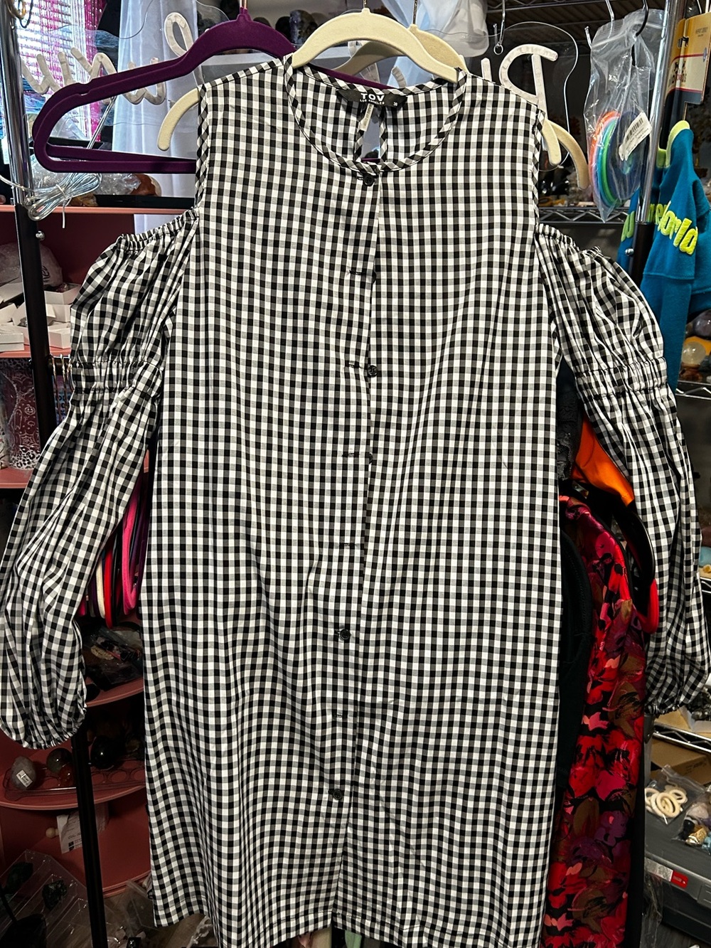 TOV Black & White Gingham Cold-Shoulder Dress